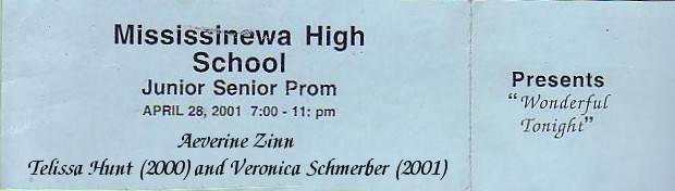 Revised prom date ticket after Sheena Jay's report being released. Since I was a man of my word to Telissa Hunt my junior year and Veronica Schmerber's actions on the night of April 28, 2001; though there are no romantic feelings for either Ms. Hunt and Ms. Schemerber  was proved back then (and with my ongoing gender transition) led me to that conclusion. According to Sheena Jay's report,  my dating and relationship policies from 1993 were valid on the night of April 28, 2001.
